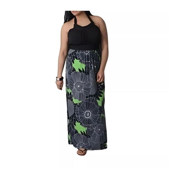 New Lane Bryant Black Green Floral Halter Style Backless Maxi Dress 14/16 - Picture 1 of 11